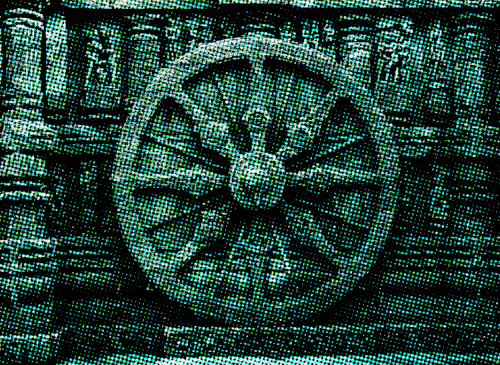 An ornate, eight-spoked wheel carved into stone, rendered in cyan halftones.