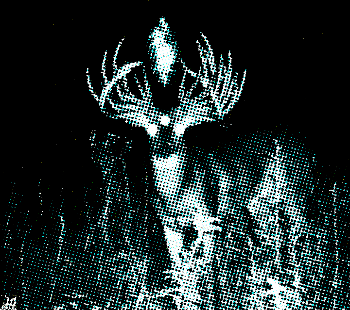 a deer with many eyes. hovering above and in the middle of its many horns a tongue of flame. it is rendered in white and cyan halftone, nestled in the darkness